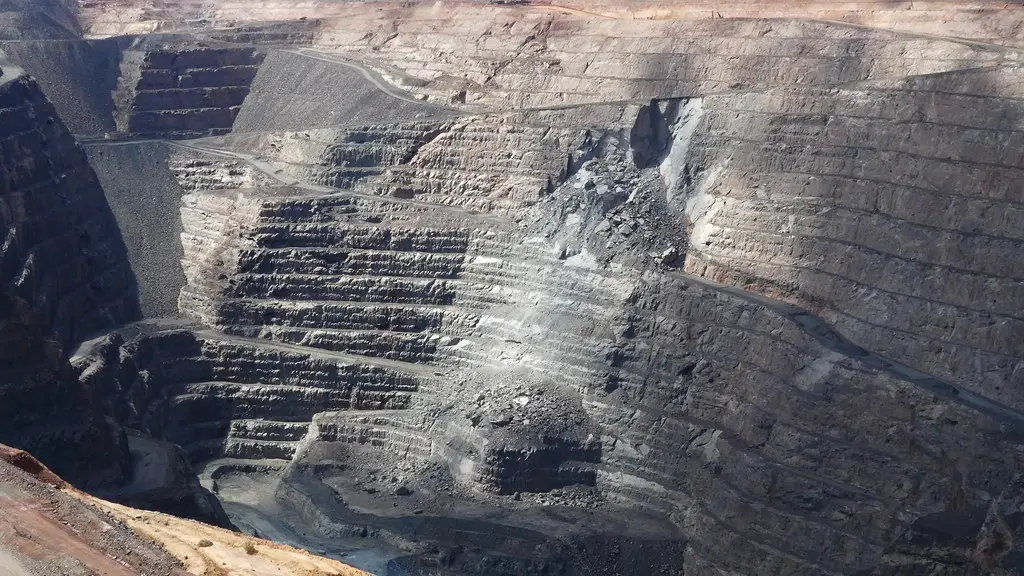 Open-cut mine pit with haul trucks and heavy machinery working below the benches